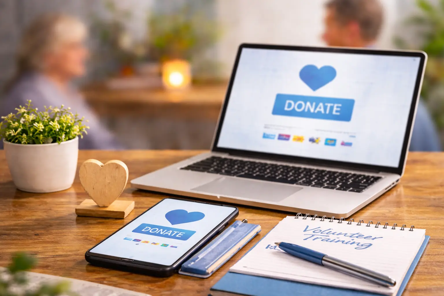 Laptop and smartphone screens showing charity donation pages. Text reads: Donate