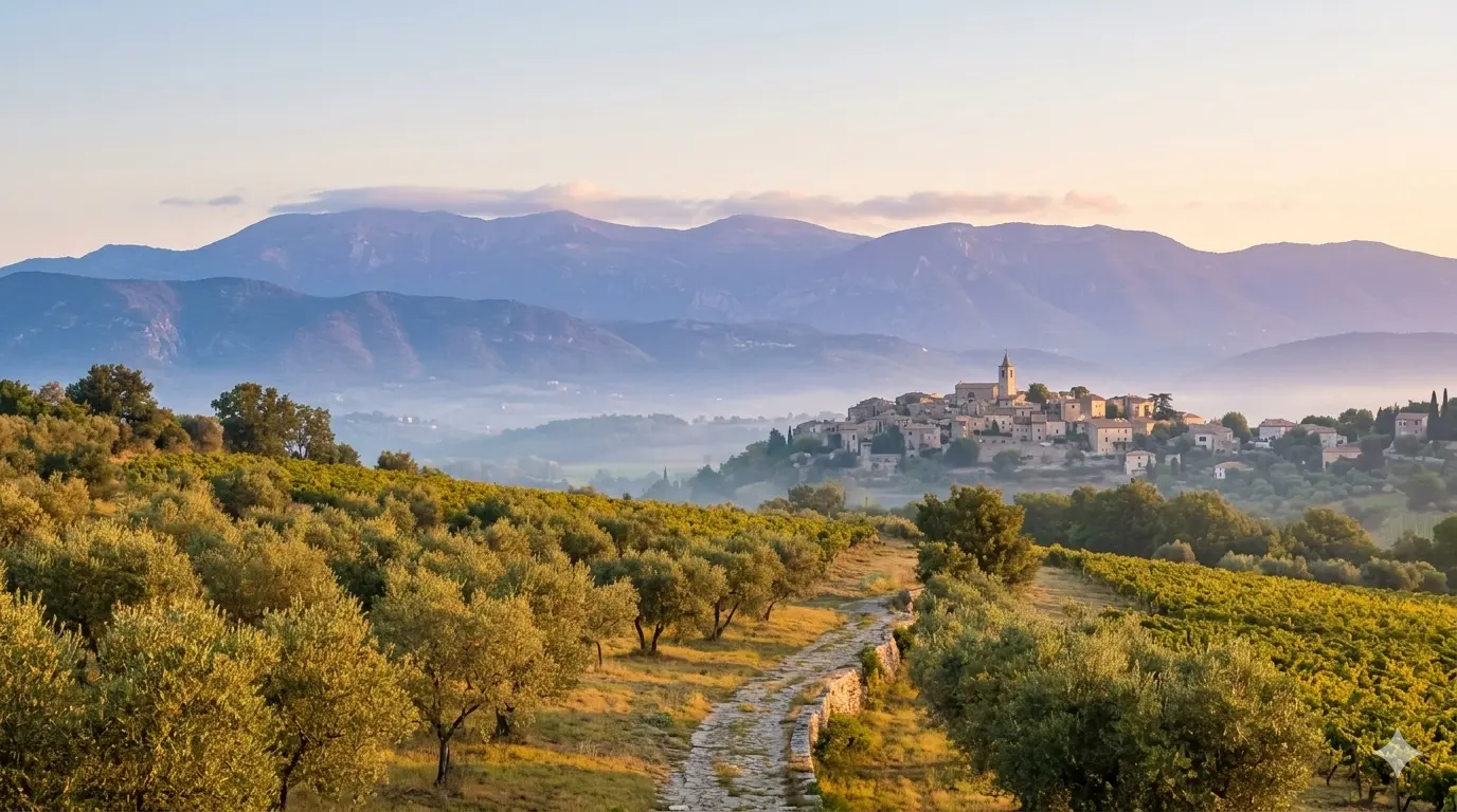 Beautiful provencal landscape depicting olive groves, medieval perched village with mountain backdrop