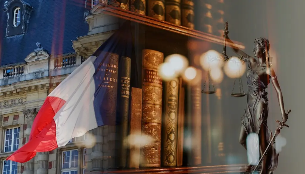 Collage of Government building, French flag, legal books and a statue of Lady Justice